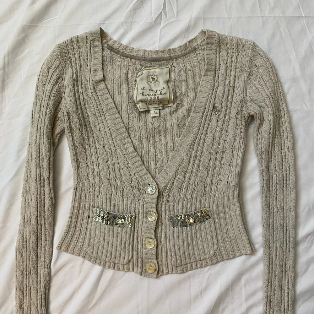 abercrombie & fitch 2000’s off-white cable knit fitted ribbed sweater - Picture 1 of 12